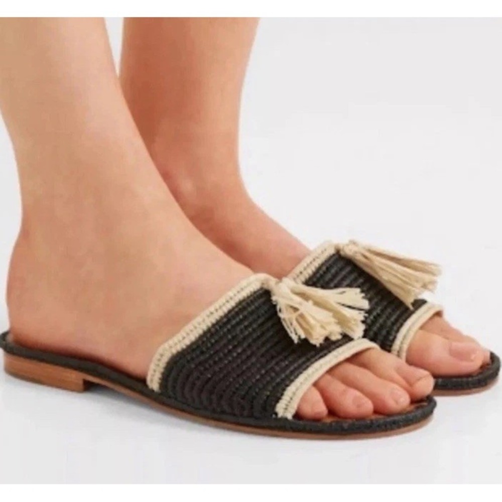 CARRIE FORBES Adam Pom Tassel embellished Raffia flat sandals Slides Size36‎ US6